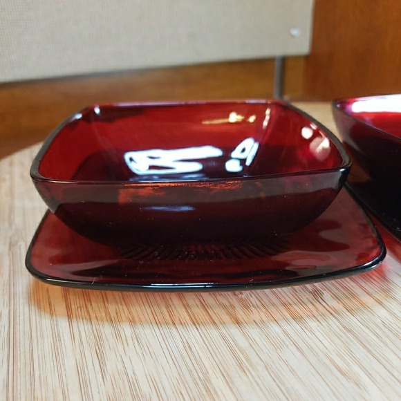 Lot Of 2 Anchor Hocking Dessert Bowl 4.75" & Saucer 5.25" Charm Ruby Red Square - Picture 4 of 7